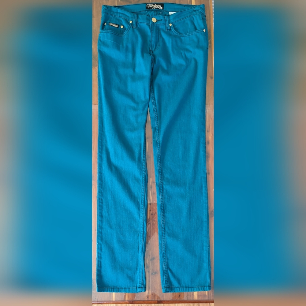 Y2K Vintage Fabulosity Turquoise Low Rise Jeans Size 7 Rhinestone Pocket